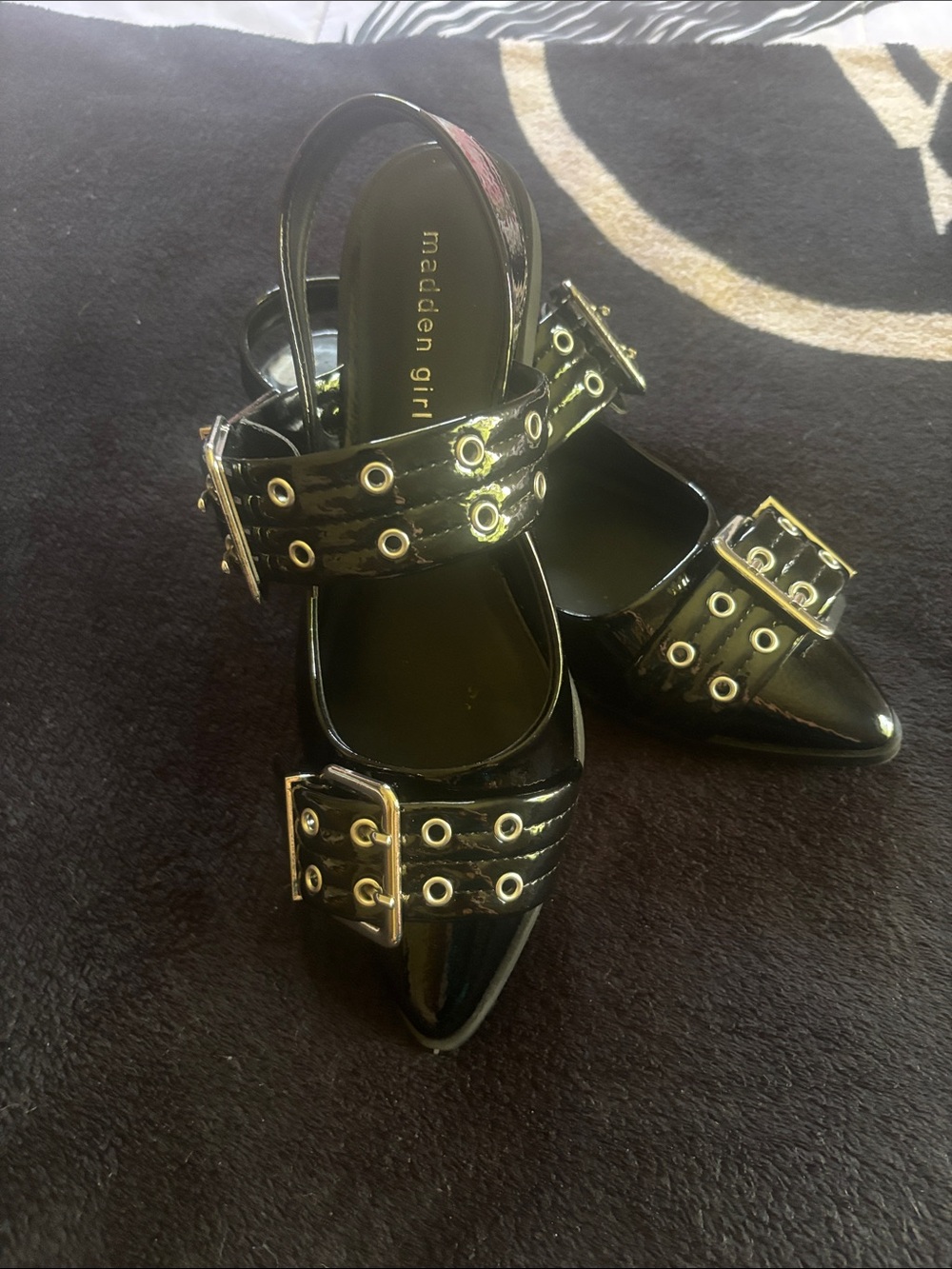 Madden Girl Women Black Patent Pointed Buckle Mules with Gold Hardware